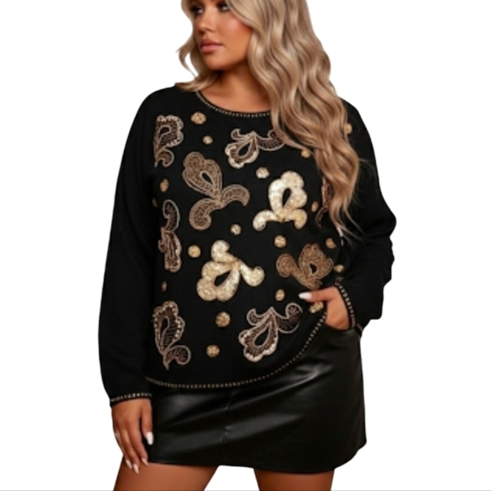 JK America Black Sweater with Gold Sequin Embellishments